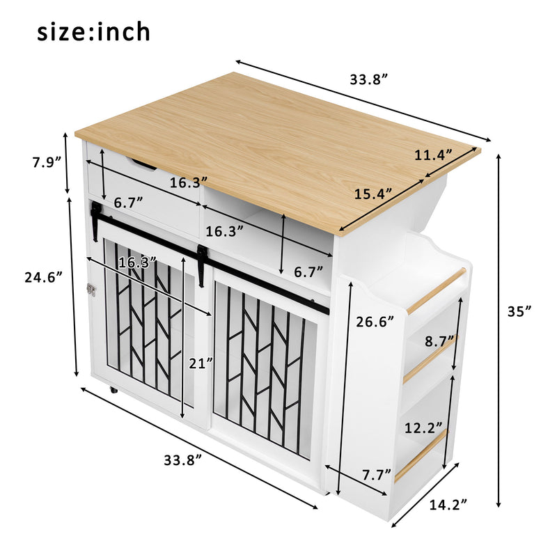 Modern Style 2 In 1 Pet Friendly Dog Crate Kitchen Island End Table Metal Pine - Natural / White