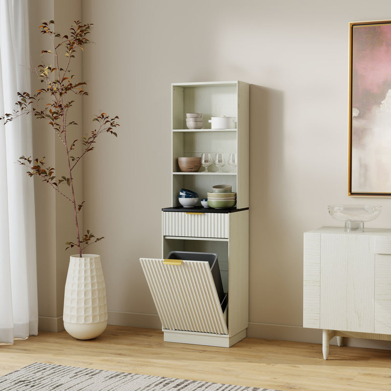 Tall Narrow Fluted Storage Cabinet With Trash Bin Compartment For Kitchen (Trash Can Not Included)