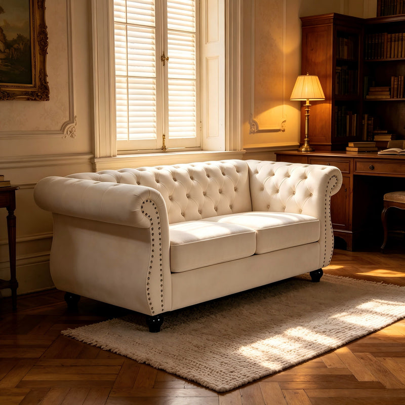 Chesterfield Button Tufted Loveseat With Rolled Arms - Ivory