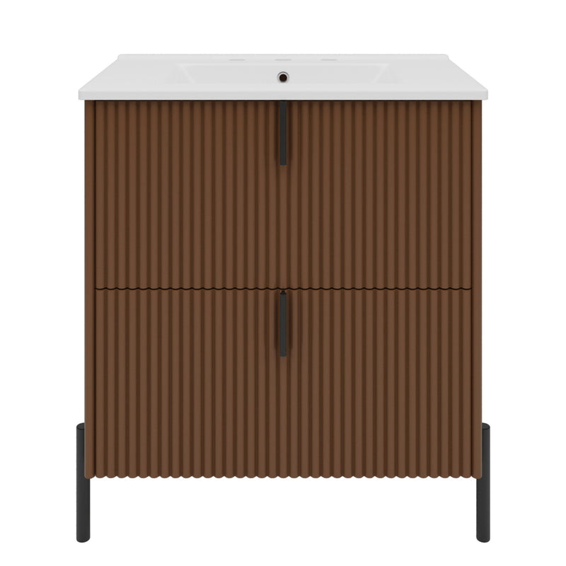 Fluted Bathroom Vanity With Ceramic Sink, Freestanding Design