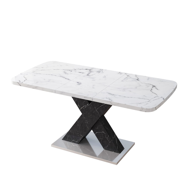 Rectangle Dining Table With Stretchable Top, X Shape Mdf Legs With Steel Base - White / Black