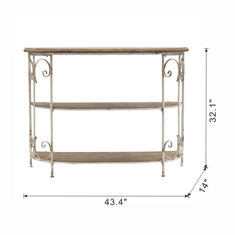 3 Tiered Wooden Shelving Unit With Ornate Iron Frame - Multicolor