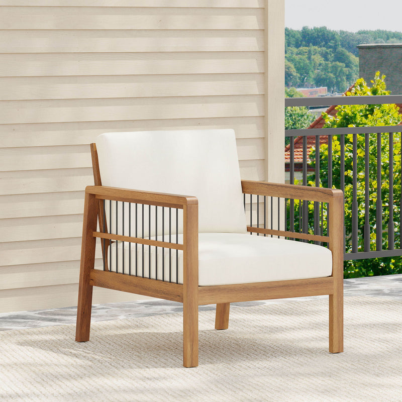 Club Chair With Slat Panel Design - Teak / Beige