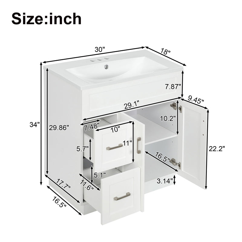 Bathroom Vanity With 2 Doors, 2 Drawers, Adjustable Shelf, Hidden Slides & Soft Close Hinges