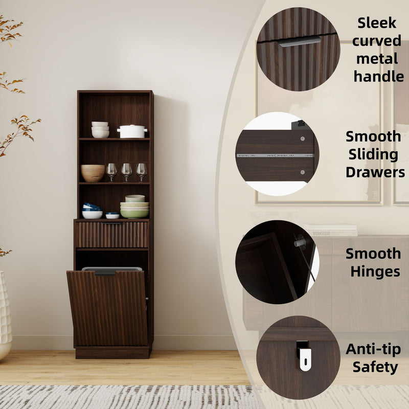 Tall Narrow Fluted Storage Cabinet With Trash Bin Compartment For Kitchen (Trash Can Not Included)