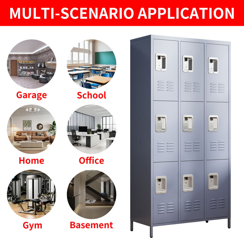 9 Door Lockers With Lock For Storage In Office, School, Gym, And Bedroom - Gray