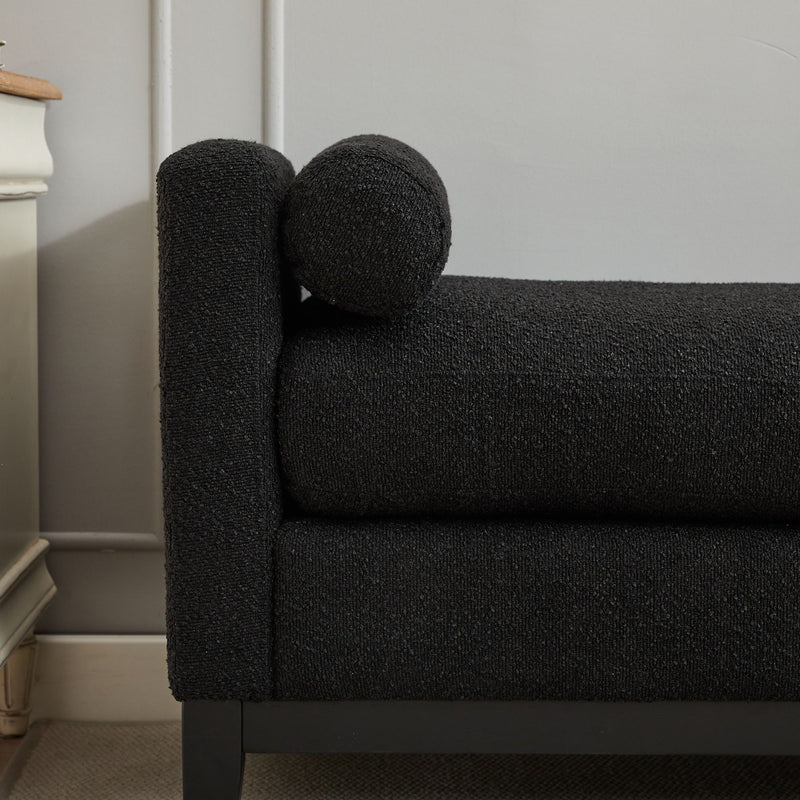Elegant Upholstered Bench, Daybed, Ottoman With Wood Legs & 2 Bolster Pillows - Black Boucle