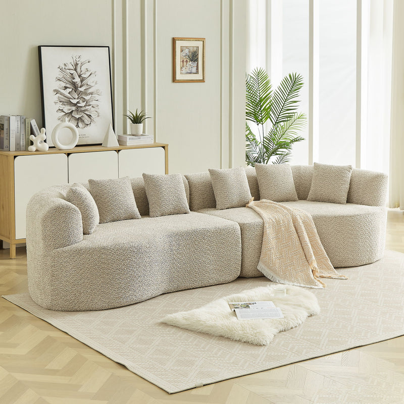 Curved Sectional Oversized Bone Free Cloud Sofa With 6 Pillows, 4 Seater With Deep Seat - Light Khaki