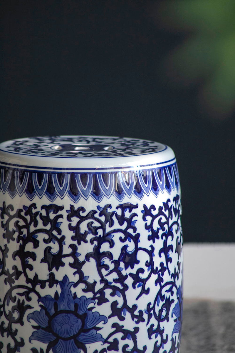Ceramic Garden Stool, Small Side Tabel - White / Blue