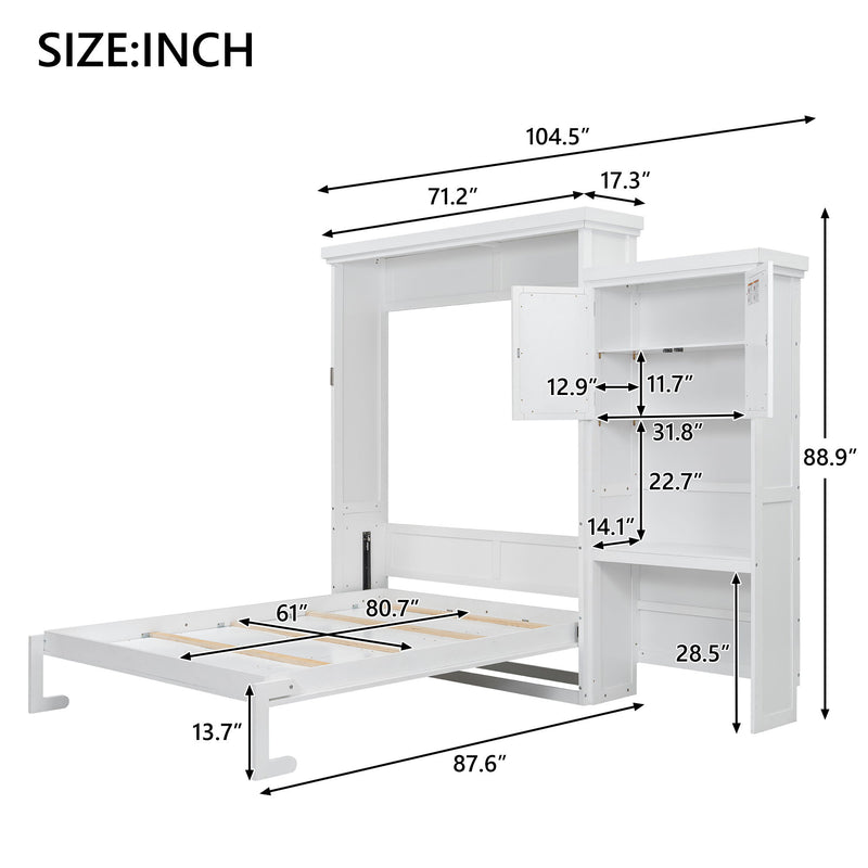 Queen Size Murphy Bed With Louvered Design And Multiple Storage Shelves - White