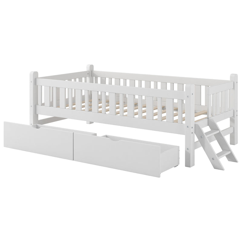 Platform Bed With Guardrail And 2 Drawers