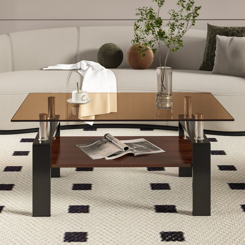 Modern Rectangular Coffee Table With Tempered Glass Top