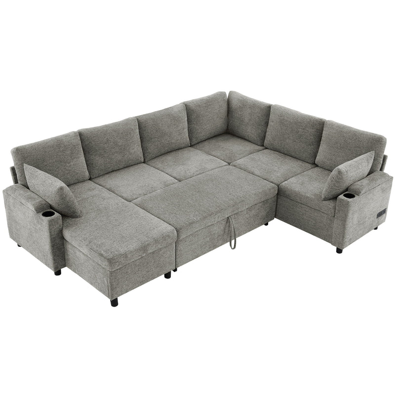 U-Shaped Sectional Sleeper Sofa With Ample Storage Space, 2 Cup Holders And Charging Ports For Living Room