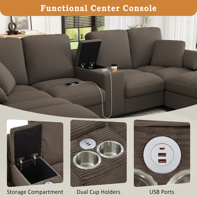 Modern U - Shaped Sectional Sofa With Storage Ottomans, USB Ports, And Cup Holders