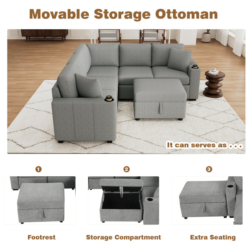 Sectional Sofa Convertible Pull-Out Sofa Bed With A Movable Storage Ottoman For Living Room