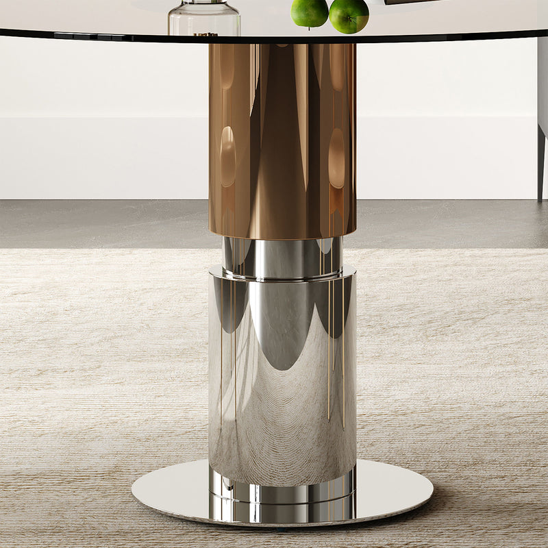 Round Dining Table With Tempered Glass Top - Brown