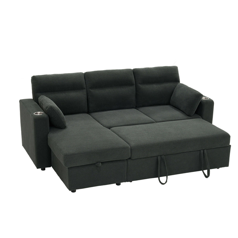 Convertible Sectional Sofa With Storage Chaise, Cup Holders And Pull Out Sleeper