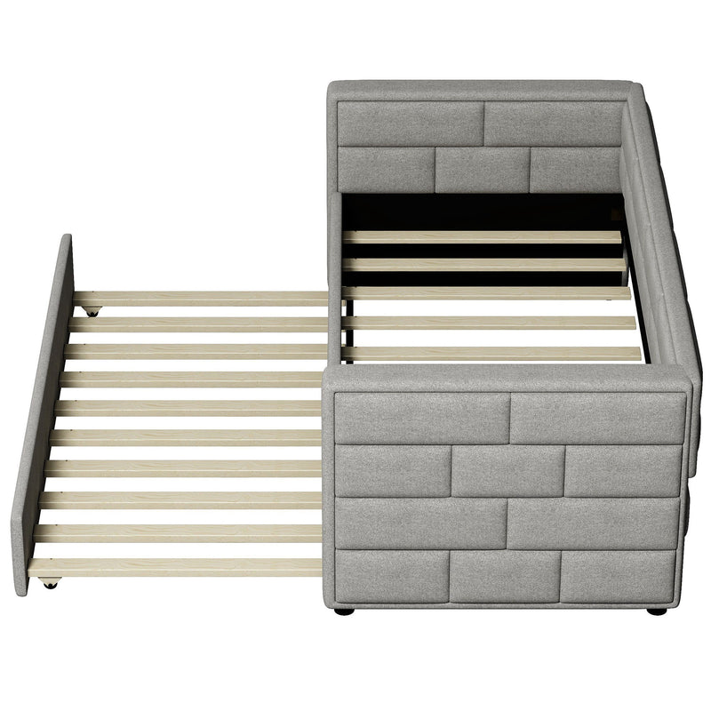 Upholstered Twin Size Daybed With Trundle, Padded Back And Sides - Gray