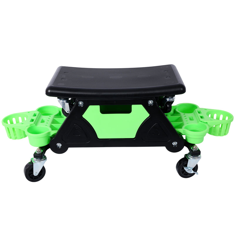 Rolling Detailing Creeper Seat With Wheels, Removable Tool Trays, 300 Lbs Capacity - Green