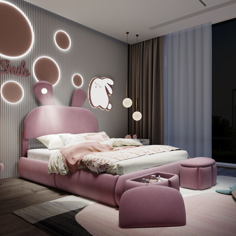Full Upholstered Platform Bed With Cartoon Ears Headboard And LED Light - Pink