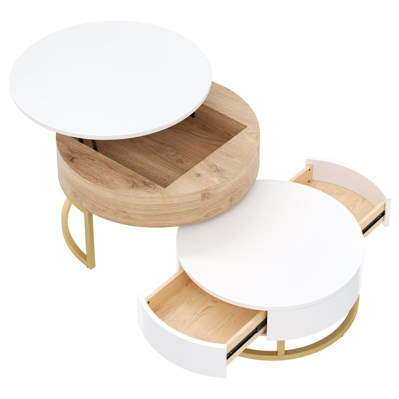 Modern Round Lift-Top Nesting Coffee Tables With 2 Drawers