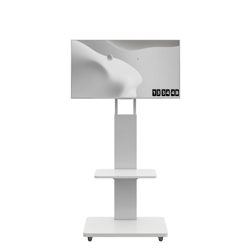 Mobile TV Stand With Shelf Floor Mount Cart For TVs With Lockable Wheels Ideal For Living Room Bedroom Or Office - White