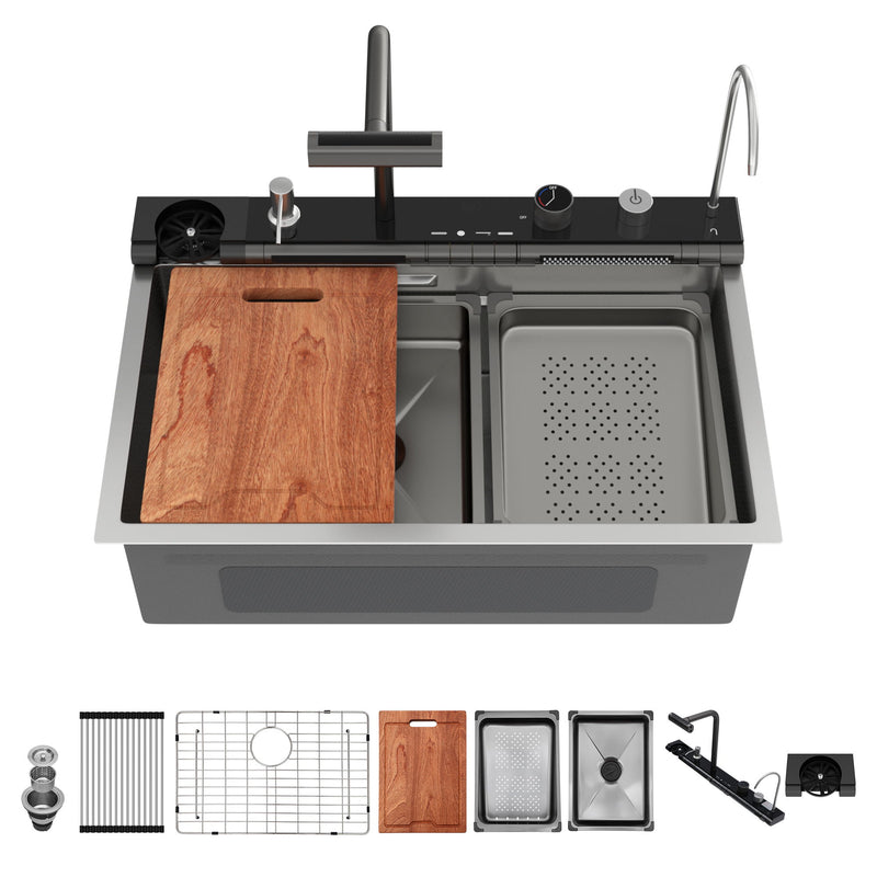 30" Single Bowl Kitchen Sink With Smart LED Faucet
