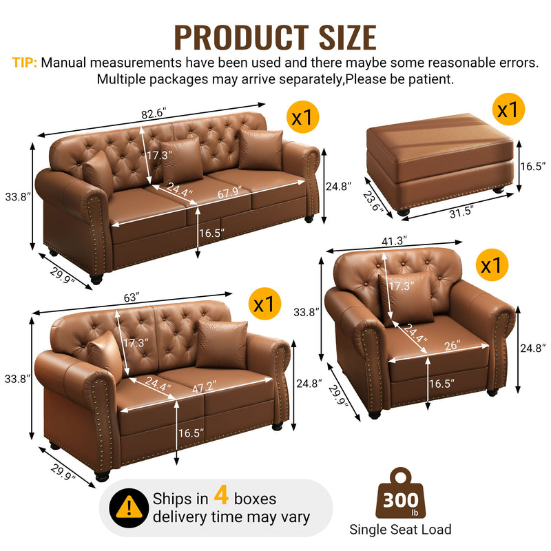 Upholstered Sofa With Nailhead Trim, Rolled Armrests With Ottoman