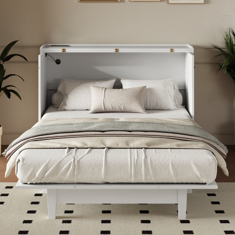 Full Solid Pine Murphy Bed Chest Cube Cabinet Bed With Charging Station And Large Storage Drawer For Home Office Or Small Room - White