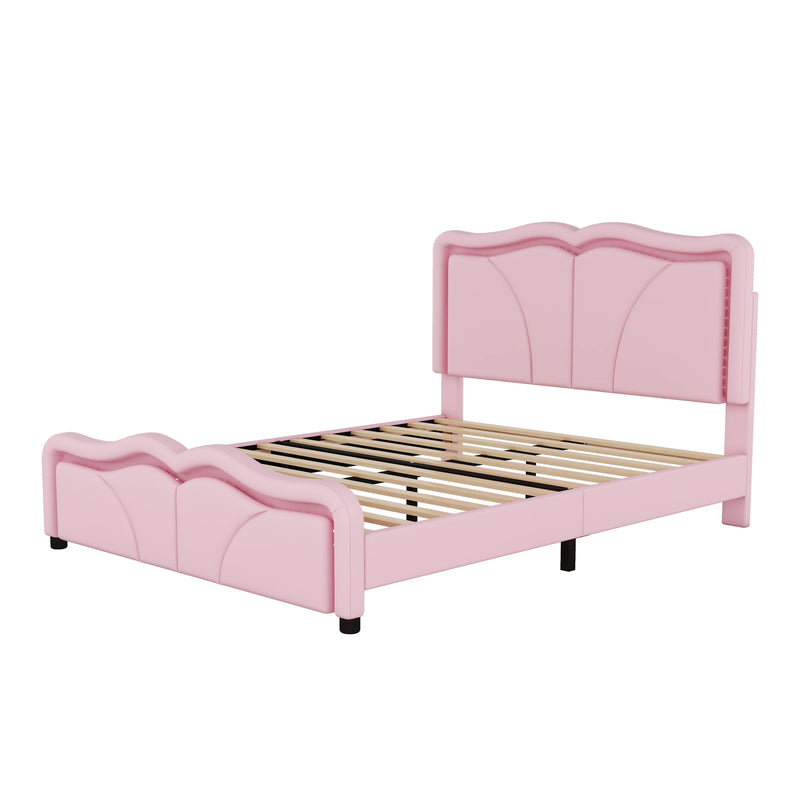 Upholstered Platform Bed & Curve Shaped And Height Adjustable Headboard, LED Light Strips