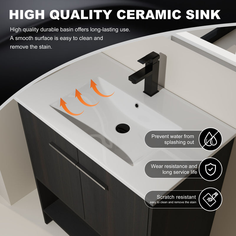 Modern Bathroom Vanity With Ceramic Sink, Freestanding Cabinet, Soft Closing Doors