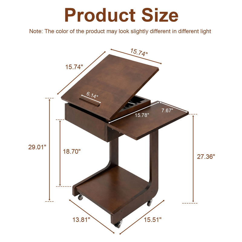 C - Shaped End Table, Rolling With 360° Adjustable & Foldable Desktop, Couch Table With Laptop Stand For Living Room - Walnut