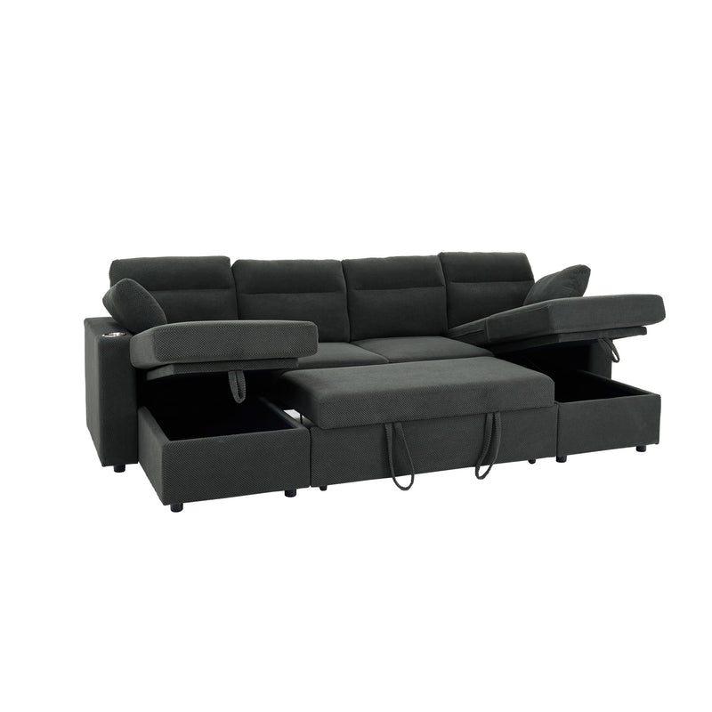 Convertible Sectional Sofa With Storage Chaise, Cup Holders And Pull Out Sleeper