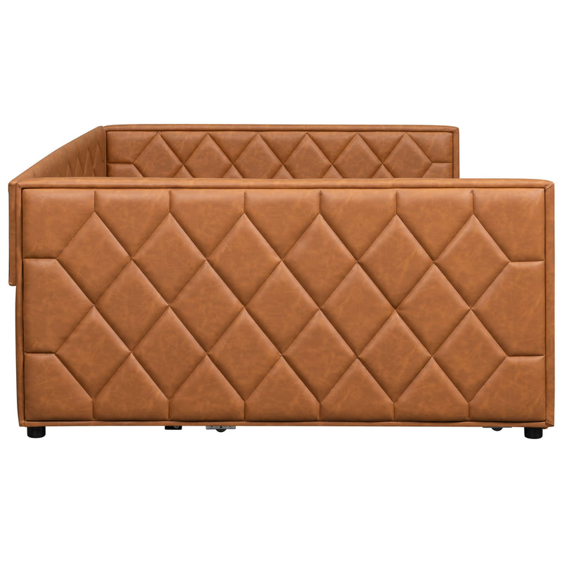 Upholstered Full Long Daybed With Trundle And LED Armrests - Brown