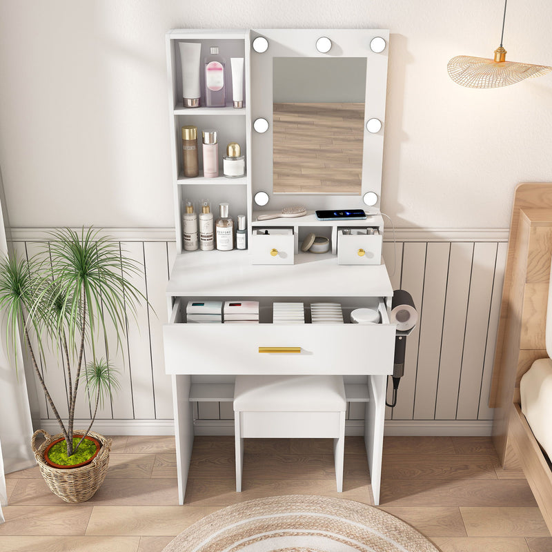 Vanity Table With Mirror, Adjustable LED Lights, Power Outlet, Hairdryer Holder & Stool