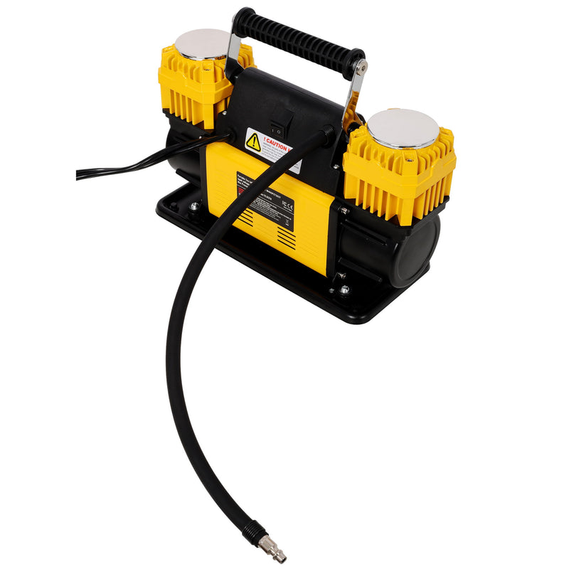 Heavy Duty 12V Dual Cylinder Air Compressor, Tire Inflator With Gauge - Yellow / Black