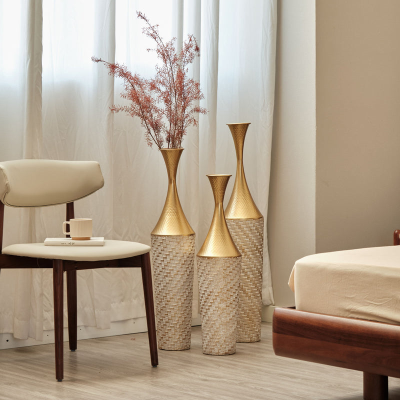 Floor Metal Vase Modern Style Decoration Home Woven Pattern Metal Vase 3 Piece Set Gorgeous Home Decoration Large Glazed Metal Vase - Champagne