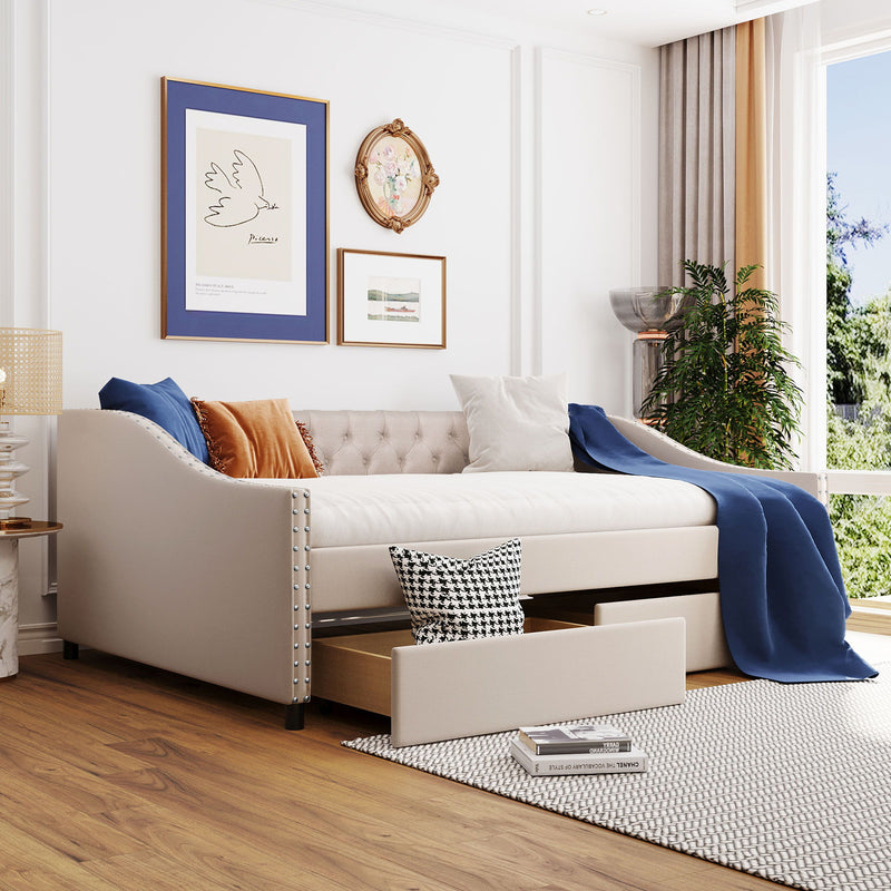 Upholstered Daybed With Two Drawers, Wood Slat Support