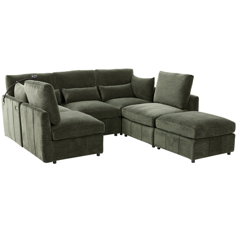 Modern Modular U-Shaped Sofa Bed With Movable Ottoman, USB Ports, Phone Holder