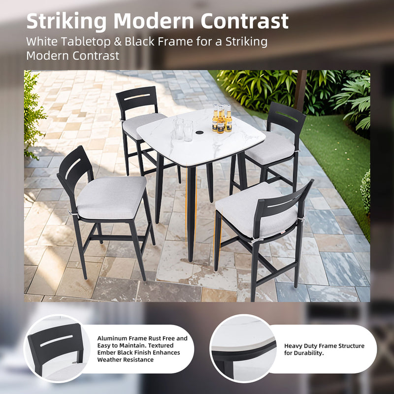 5 Pieces Outdoor Patio Bar Set, Rounded Square Table & 4 Aluminum Bar Stools