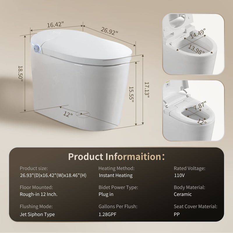 Tankless Smart Toilet With Bidet Built In, 1 Piece, Auto Flush, Auto Open / Close, Heated Seat, Bubble Wash, Warm Water And Dry, Adjustable Temp, Remote Control Side Know - White