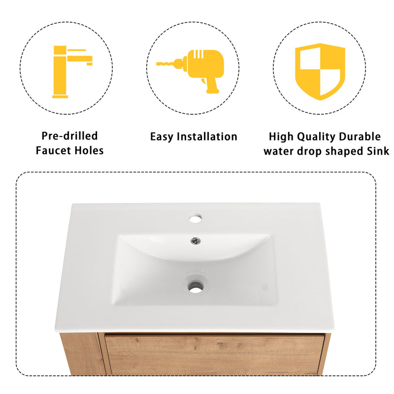 Modern Wall Mounted Bathroom Vanity With Ceramic Sink And Storage Rack, 2 Soft Close Drawers