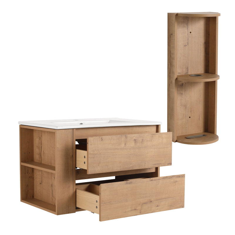 Modern Wall Mounted Bathroom Vanity With Ceramic Sink And Storage Rack, 2 Soft Close Drawers