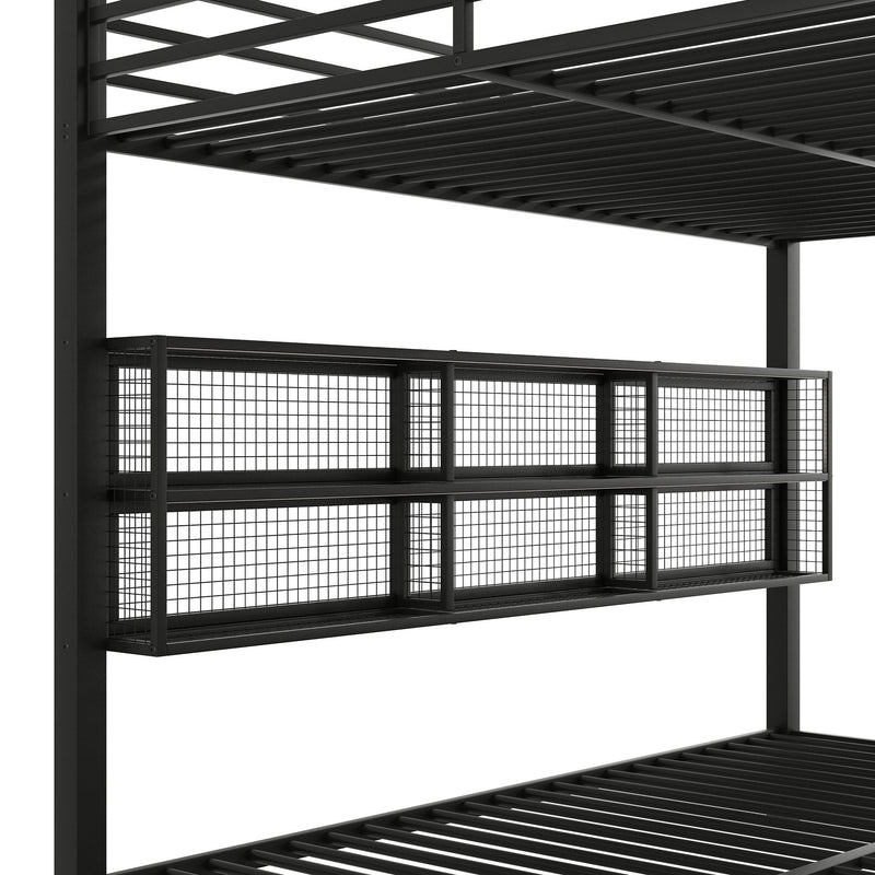 Queen Over Queen Bunk Bed With Storage Cabinets And LED Sturdy Frame, 6 Storage Units, Adjustable LED Lights - Black
