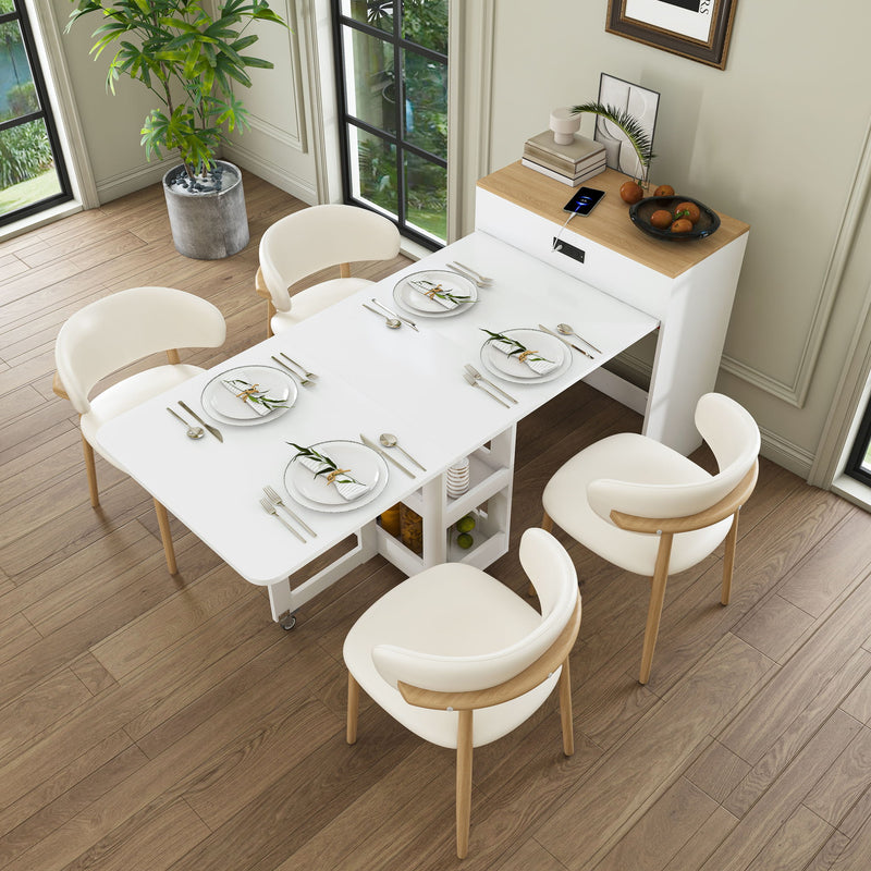 Extendable Dining Table With Power Socket, Lockable Casters, Storage Cabinet