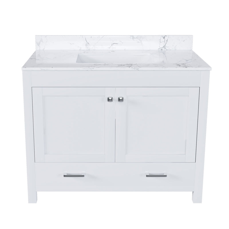 43" Bathroom Vanity With Artificial Marble Carrara Top Set, Multi Functional Cabinet With Doors And Drawer - White