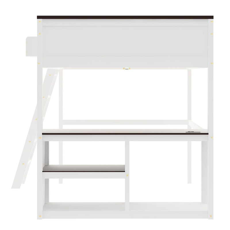 Queen Size Loft Bed With Desk, Open Shelf, Storage Box And USB Charging Station - White
