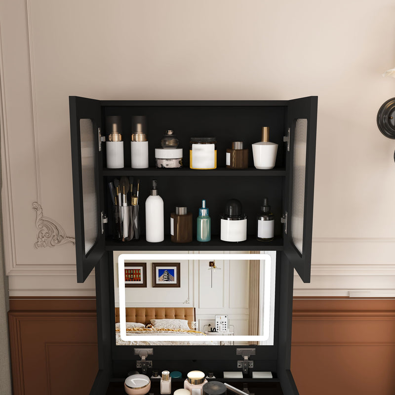 3 In 1 Vanity Table With LED Mirror & Storage Stool, Flip Top Makeup Dressing Table With Adjustable Lights, 5 Storage Spaces Cosmetic Organizer For Bedroom - Black