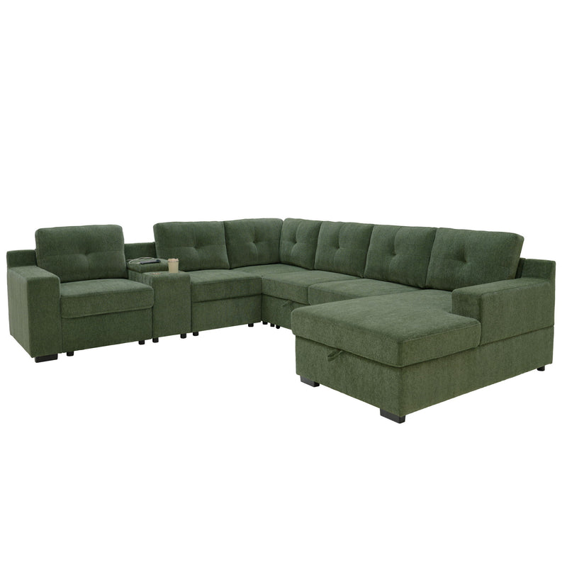 U - Shape Sectional Pull Out Bed With Console, Storage, And USB Charging
