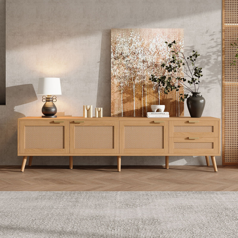 TV Stand, Media Console, 2 Drawers & Cable Management - Natural Wood